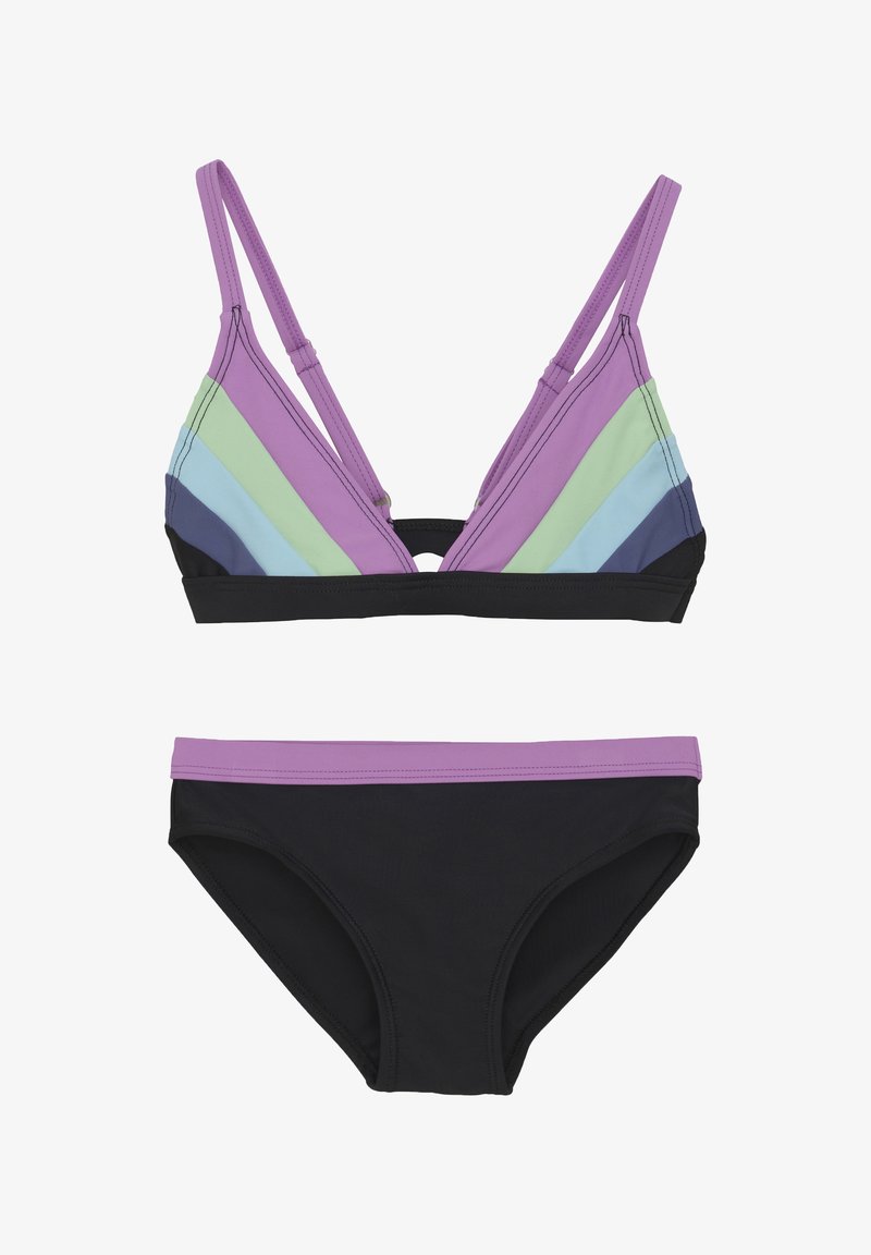 Kolorowy zestaw bikini z trójkątnym biustonoszem w fioletowe, zielone, niebieskie i czarne paski oraz czarnymi majtkami z fioletowym wykończeniem.