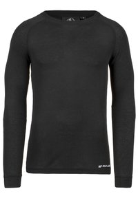 Chemise noire à manches longues en tissu extensible, avec un col rond, une texture côtelée et un petit logo sur la couture inférieure droite.