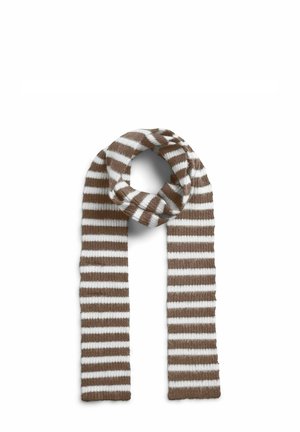 Écharpe tricotée rayée marron et blanche, repliée en boucle avec les deux extrémités pendantes sur un fond blanc.