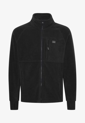 Black fleece jacket with high collar, full zipper, side pockets, and a chest pocket featuring a small logo label. Textured fabric finish.