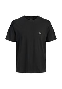 Black cotton t-shirt with short sleeves, round neck, featuring a small white logo on the left chest. Simple, solid color design.