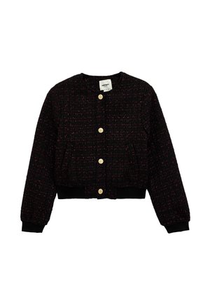 Veste en tweed noire et rouge foncé avec manches longues, col rond, poignets et ourlet élastiques, et quatre boutons dorés sur le devant.