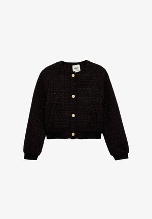 Veste en tweed noire et rouge foncé avec manches longues, col rond, poignets et ourlet élastiques, et quatre boutons dorés sur le devant.