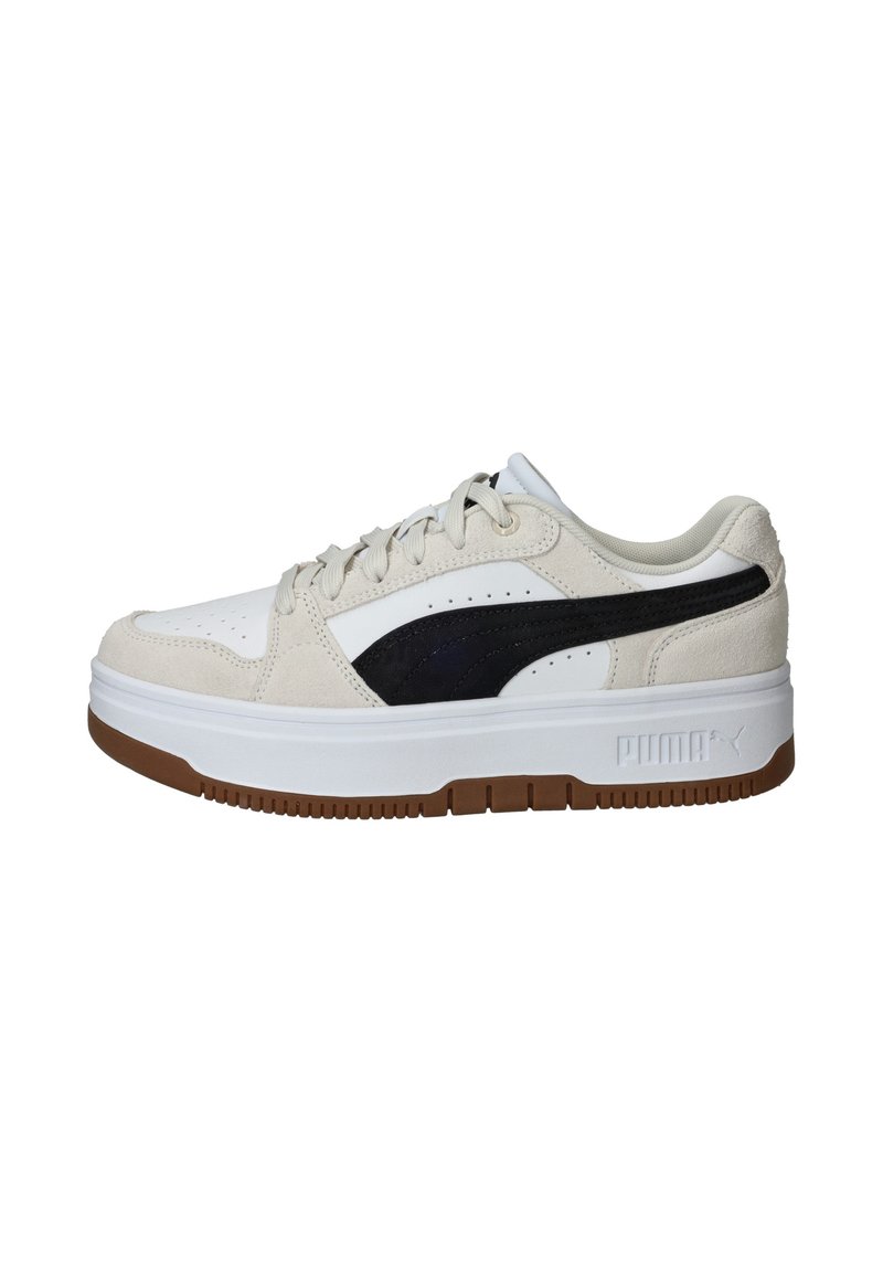 Sneakers with a white leather and tan suede upper, featuring a black side stripe, rubber sole, and rounded toe design.