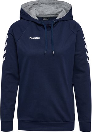 Marineblauwe hoodie met een grijs gevoerde capuchon, een vooraanstaande kangoeroezak en een wit logo. Bevat witte chevronstrepen langs de mouwen.