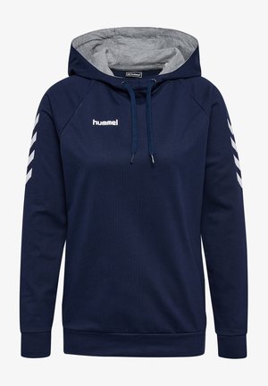 Marineblauwe hoodie met een grijs gevoerde capuchon, een vooraanstaande kangoeroezak en een wit logo. Bevat witte chevronstrepen langs de mouwen.