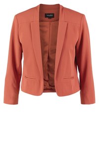 Koralowa marynarka wykonana z gładkiego materiału, o dopasowanym kroju, z długimi rękawami i dwoma przednimi kieszeniami. Wnętrze wyściełane podszewką w dopełniającym kolorze.