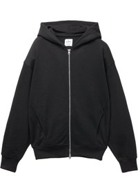 Zwarte hoodie gemaakt van zachte stof, voorzien van een rits aan de voorkant, oversized pasvorm en ribgebreide manchetten en zoom. Geen zichtbare patronen.
