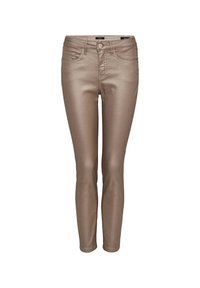 Pantalon slim femme en bronze métallisé avec bouton devant et poches, en tissu lisse.