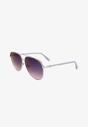 Occhiali da sole aviator in metallo argentato con lenti sfumate viola e terminali delle aste in plastica azzurro chiaro.