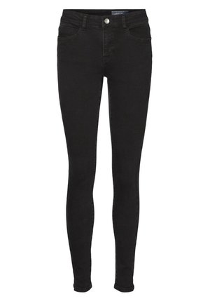 Schwarze High-Waist Skinny Jeans mit vorderem Knopfverschluss, Gürtelschlaufen und Fünf-Taschen-Design.