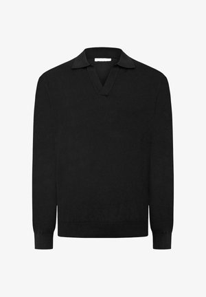 Pull noir en tricot, avec un col en V, des manches longues et des poignets et un ourlet côtelés. Texture lisse sans motifs supplémentaires.