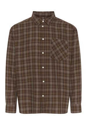 Brown plaid long-sleeve shirt in soft fabric, featuring buttons down the front, a single chest pocket, and contrast white and yellow lines.