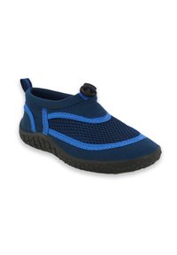 Blauwe mesh waterschoenen met een laag profiel, rubberen zool en togglesluiting voor een veilige pasvorm, met contrasterende blauwe accenten en stikken.