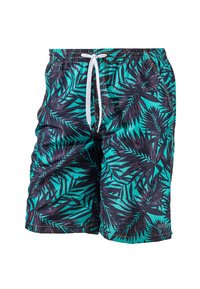 Swimming shorts in turquoise with a black palm leaf pattern, featuring a drawstring waistband and smooth, lightweight fabric texture.