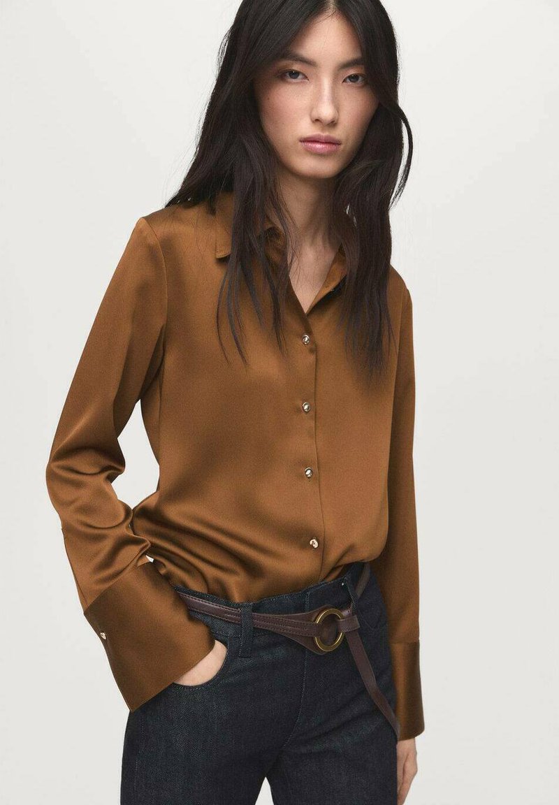 Woman with long dark hair wearing a brown satin button-up blouse tucked into dark jeans with a brown belt, standing against a plain background.