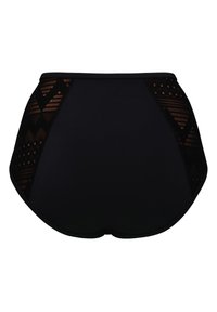 Bikini kalhotky s vysokým pasem, černá látka s síťovanými bočními panely zdobenými geometrickými vzory v hnědé barvě. Hladký povrch, jednoduchý design.