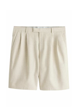 Short beige taille haute cintré avec plis sur le devant, passants pour ceinture, poches latérales et fermeture devant dissimulée.