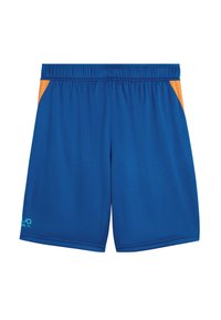 Blå træningsshorts med orange sidestykke, der har en elastisk talje og et lille logo trykt i lyseblå.