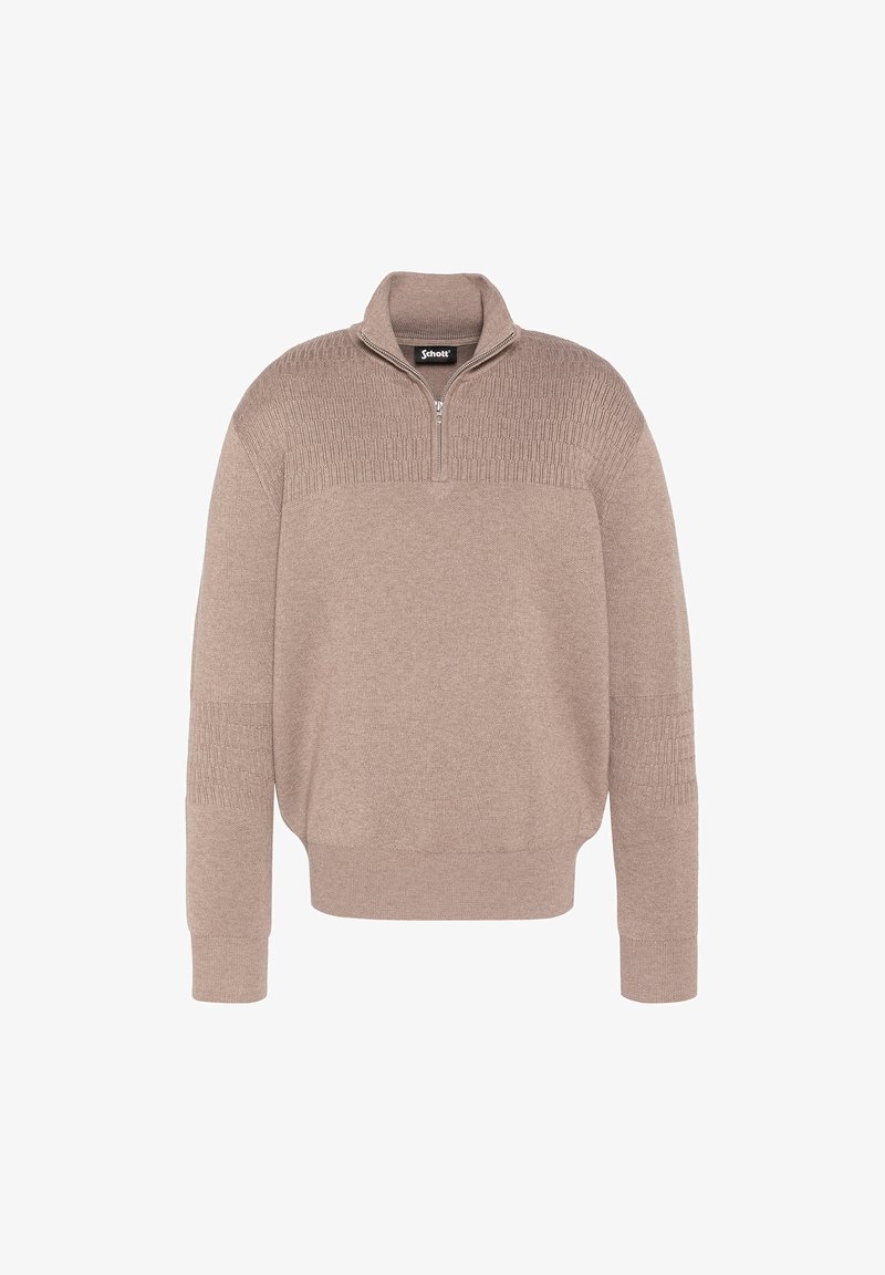 Pull beige en maille avec col demi-zip, poignets et ourlet côtelés, motif tricoté texturé sur les épaules et le haut des manches.
