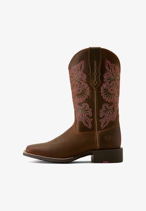 Braune Leder-Cowboystiefel mit dekorativer rosa floralem Stickerei, spitzer Zehenform und niedrigem Blockabsatz. Enthält erhabene Nähdetails.