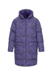 Fialová péřová bunda s leopardím vzorem v černé barvě a zelenými akcenty, která má kapuci, zapínání na zip a přední kapsy.