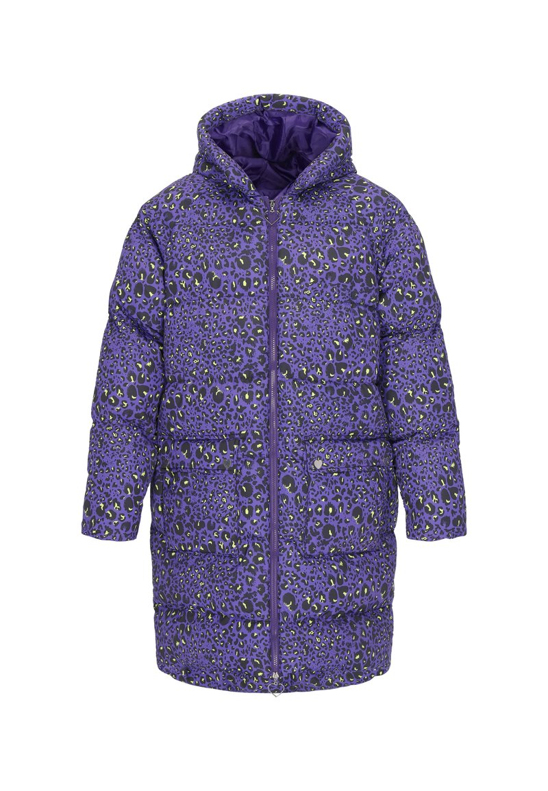 Fialová péřová bunda s leopardím vzorem v černé barvě a zelenými akcenty, která má kapuci, zapínání na zip a přední kapsy.