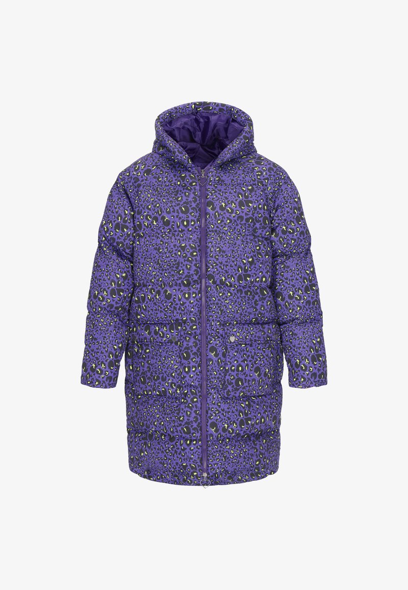 Fialová péřová bunda s leopardím vzorem v černé barvě a zelenými akcenty, která má kapuci, zapínání na zip a přední kapsy.