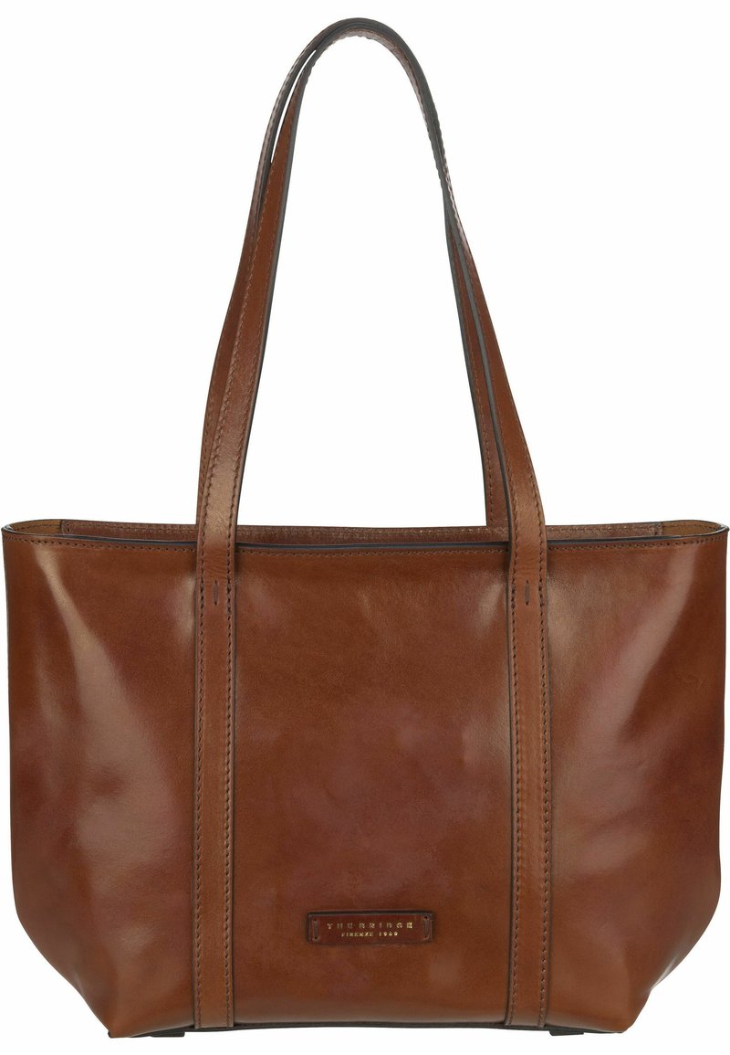 Borsa tote in pelle marrone con texture liscia, cuciture rinforzate e due manici robusti. Presenta una placca con il logo su un lato.
