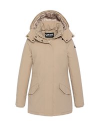 Beige vandtæt jakke med lynlåslukning, stor hætte og to forlommer. Har en glat tekstur og indvendig foring. Schott branding synlig.