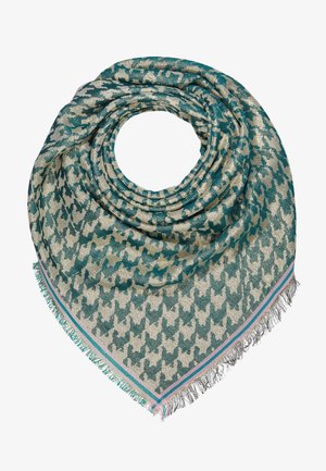 Écharpe à motif pied-de-poule turquoise et beige avec bordure rose et turquoise et bords frangés, pliée en forme triangulaire.