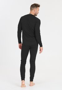 Black, long-sleeve thermal top and matching leggings. Smooth texture, form-fitting design, and no visible logos or patterns.