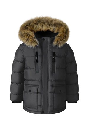 Veste d'hiver noire matelassée avec une capuche doublée de fourrure, deux fermetures éclair sur la poitrine et deux poches avant à rabat.
