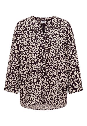 Blusa de manga larga con estampado de leopardo en blanco y negro, escote redondo y cierre frontal con botones.
