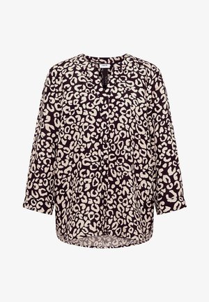 Sort-hvid leopardprint langærmet bluse med rund halsudskæring og knapper foran.