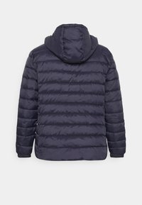 Dunkelblaue Steppjacke aus Pufferstoff, Rückansicht, mit vertikal gesteppten Paneelen, Kapuze und elastischen Bündchen. Hergestellt aus wasserabweisendem Material.