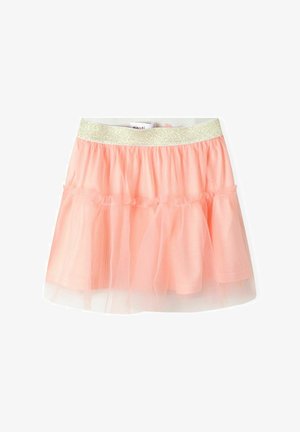 Lyserød tylskørt med lagdelte flæser og en metallic guld elastisk talje. Har en gennemsigtig tekstur og en let udvidet form.