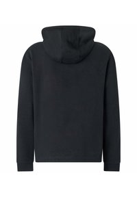 Felpa nera con cappuccio, maniche lunghe, texture morbida e vestibilità confortevole. Presenta una cucitura centrale sul retro e polsini a costine.