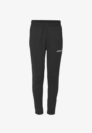 Pantalon de sport noir avec taille élastique, jambes fuselées, poches latérales et logo blanc "uhlsport" sur la cuisse droite.