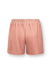 Pfirsichfarbene Shorts mit einem strukturierten Rautenmuster, elastischem Bund und geradem Schnitt, entworfen für Komfort und Atmungsaktivität.