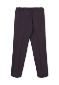 Pantalons ajustés violets foncés avec une taille élastique, des passants de ceinture et deux poches fendues à l'arrière, présentés à plat de l'arrière.