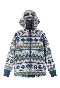 Sweatshirt de polar com fecho éclair e um design padronizado que apresenta formas geométricas azuis, verdes e vermelhas, além de flocos de neve. Inclui capuz e bolsos laterais.
