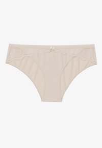 Slip bikini beige realizzato in tessuto morbido. Presenta un bordo in pizzo sui lati, un piccolo fiocco in raso al centro davanti e una forma classica.
