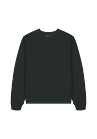 Felpa nera con colletto rotondo, tessuto morbido, vestibilità comoda, polsini e orlo a coste, design minimalista, senza motivi o decorazioni visibili.