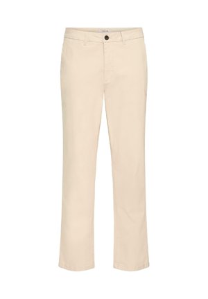 Beige bomuldsbukser med lige ben, der har lukning foran med knapper og almindelige bæltestropper. Glat tekstur og ensfarvet mønster.