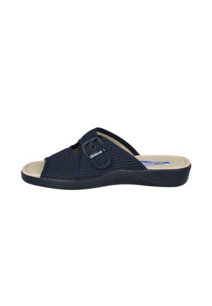 Sandalia azul marino abierta en la puntera, tipo slip-on, con hebilla ajustable y parte superior de malla transpirable sobre una suela acolchada beige.