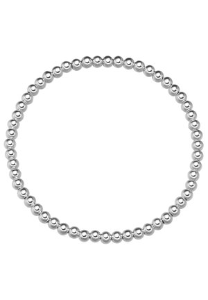 Silver beaded bracelet featuring uniformly round beads with a polished finish, arranged in a continuous circular design.