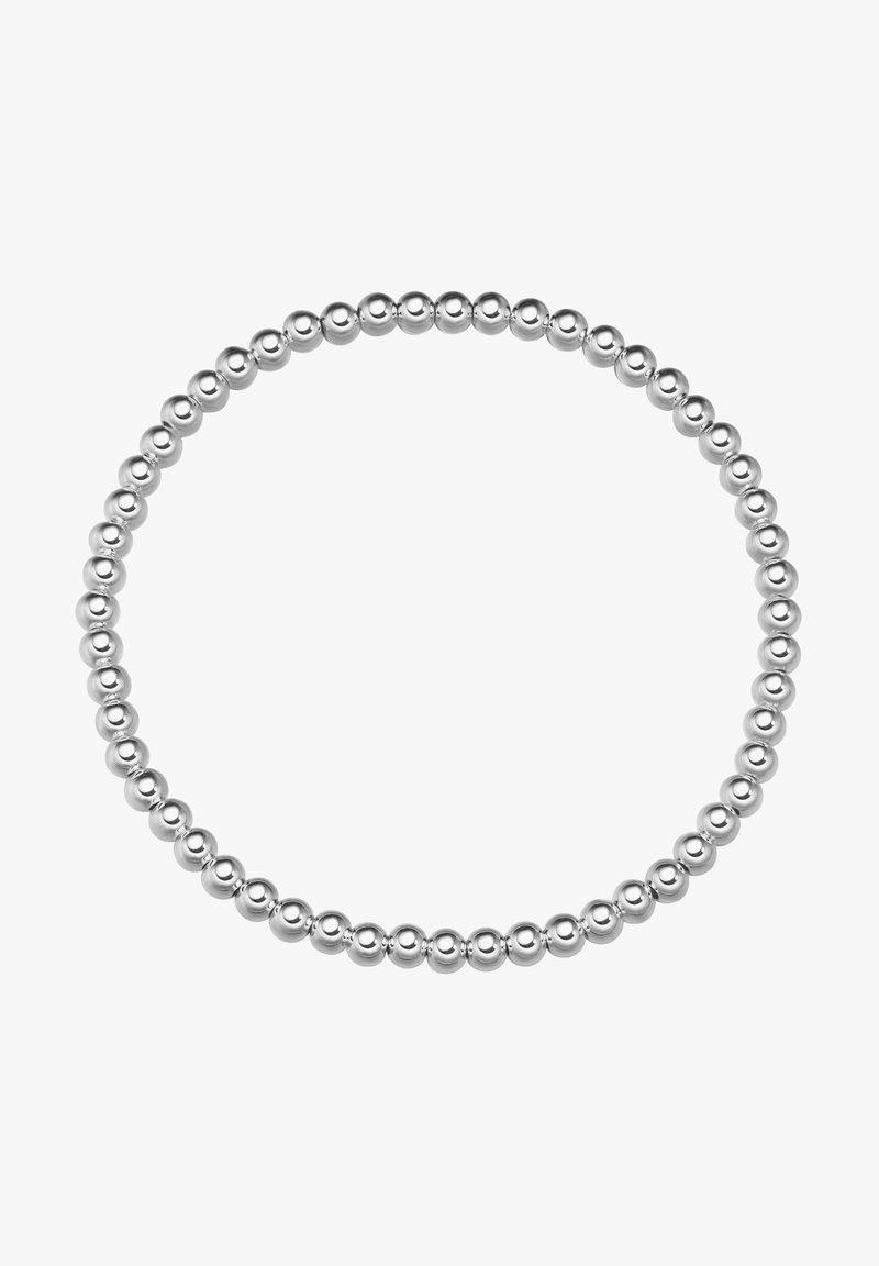 Hõbedane helmestega käevõru, mis sisaldab ühtlaselt ümarate helmed, millel on poleeritud viimistlus, paigutatud pidevasse ringikujulisse disaini.