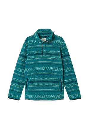 Türkiz polár pulóver vízszintes hullámos csíkokkal, negyedgombos elülső résszel, magas gallérral és cipzáras oldalzsebekkel.