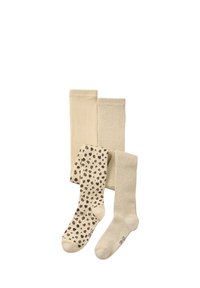 Set aus drei Paar Socken: zwei einfarbige in Beige, eines mit braunen Leopardenflecken auf cremefarbenem Hintergrund. Weicher, dehnbarer Strickstoff.